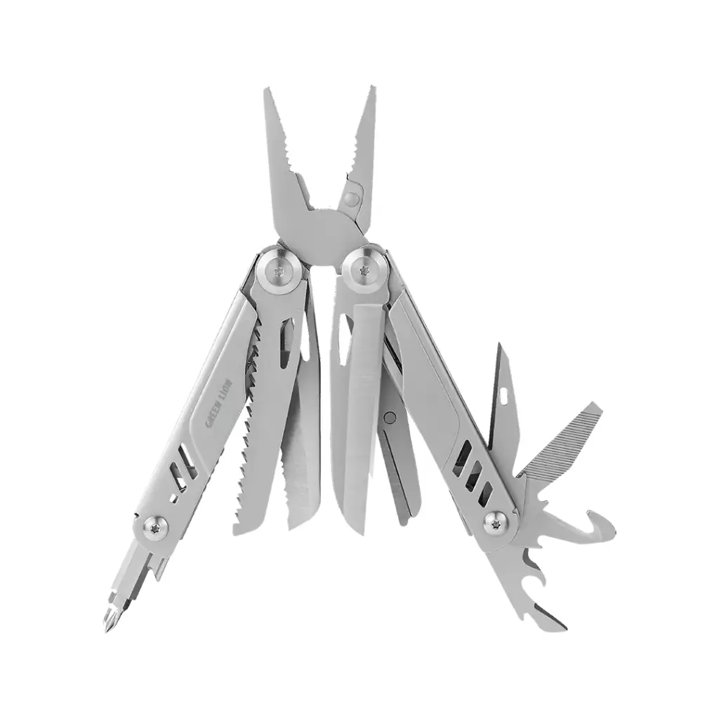 ابزار چندکاره گرین لاین Multi-Plier X در حالت باز همراه انبردست، چاقو، اره، قیچی و پیچ‌گوشتی