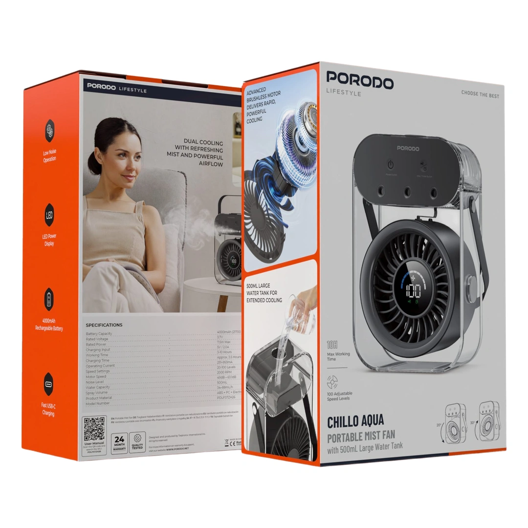 بسته‌بندی پنکه رومیزی پرودو Lifestyle Chillo Core با نمایشگر LED مدل PDLFSTZH37BK