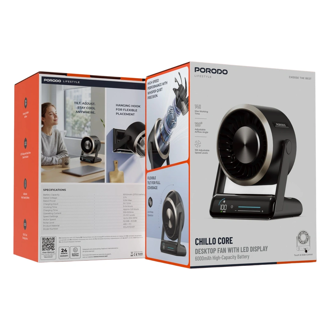 بسته‌بندی پنکه رومیزی پرودو Lifestyle Chillo Core با نمایشگر LED مدل PDLFSTZH37BK