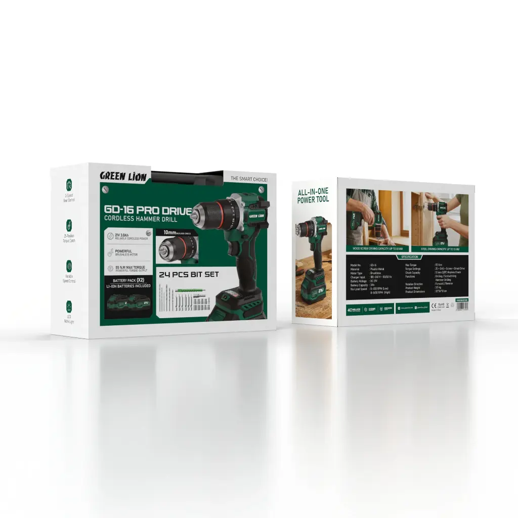 دریل چکشی شارژی براشلس ۲۱ ولت گرین لاین ⁦Green Lion⁩ مدل ⁦GD-16 Pro⁩ - تصویر 4