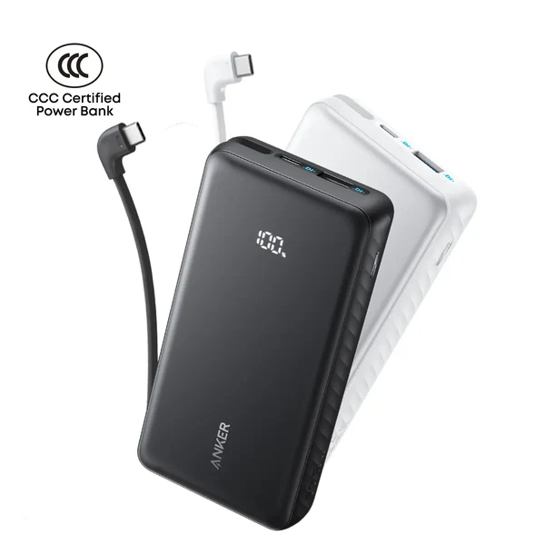 پاوربانک انکر 20000 میلی‌آمپرساعت با کابل USB-C داخلی در رنگ‌های مشکی و سفید