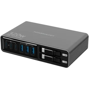 ایستگاه شارژ Powerology Univo GaN 320W با سه پورت USB-C، سه پورت USB-A و کابل‌های داخلی Type-C