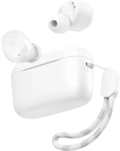 ایرباد بی‌سیم سفید Soundcore به همراه کیس شارژ سفید و بند حمل