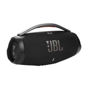 اسپیکر بلوتوثی JBL Boombox 3 مشکی در نمای سه‌رخ با دسته حمل و رادیاتور جانبی