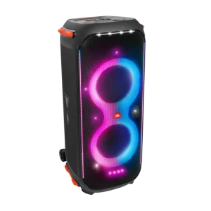 نمای سه‌رخ اسپیکر JBL PartyBox 710 مشکی با نورپردازی RGB آبی و صورتی در پنل جلو