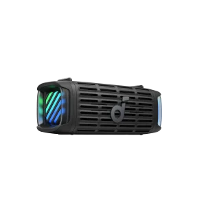 نمای زاویه‌دار اسپیکر Soundcore Boom 3i مشکی با نورپردازی RGB