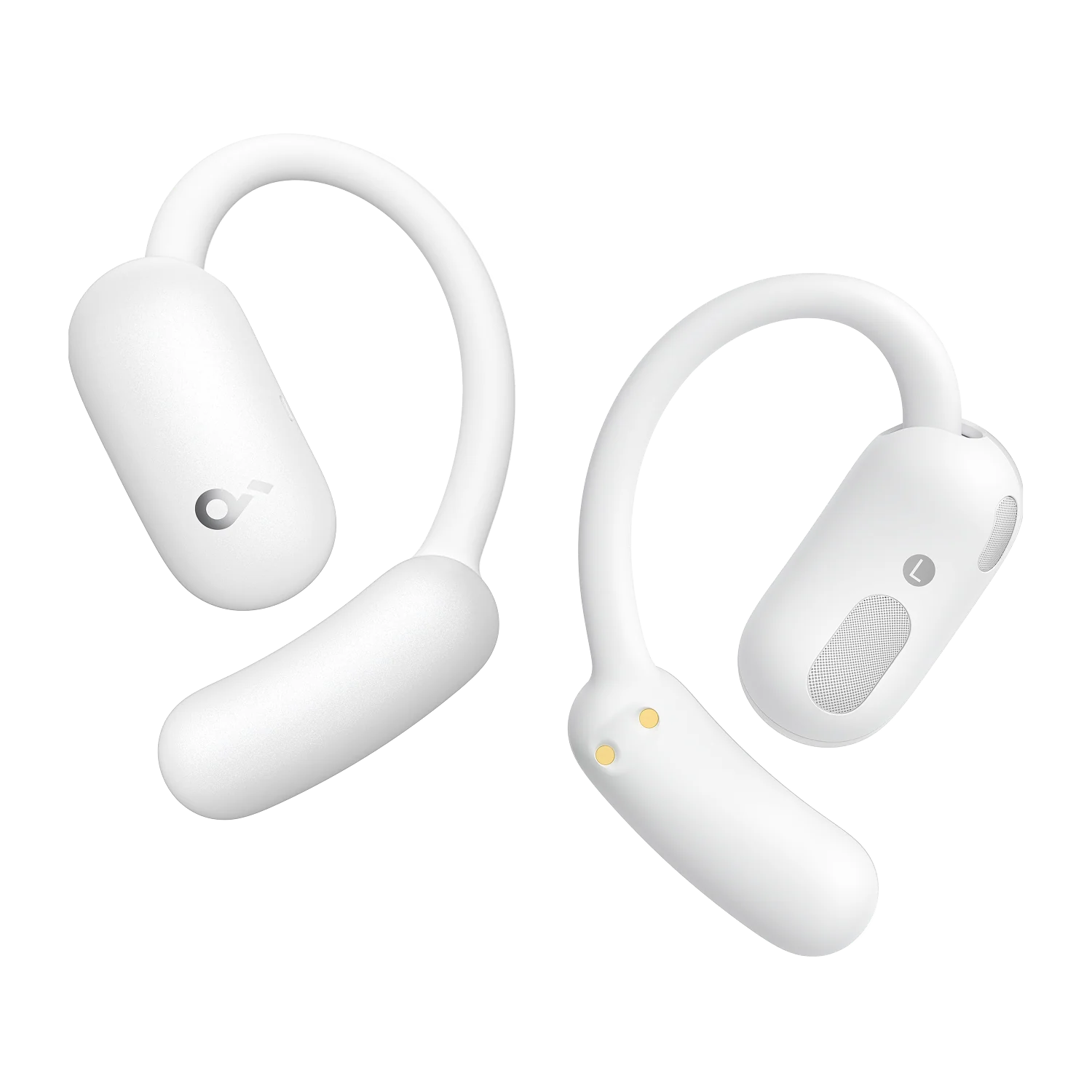 نمای پشت و جلوی ایرباد سفید Soundcore AeroFit 2 با قلاب دور گوش و طراحی Open-Ear