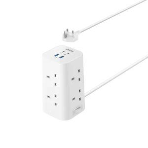 نمای چندراهی برق سفید Anker A9185221 با طراحی عمودی، پریزهای AC و درگاه‌های USB-C و USB-A