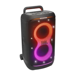 نمای اصلی JBL PartyBox 520 مشکی با نورپردازی رنگی دو حلقه‌ای در قسمت جلو