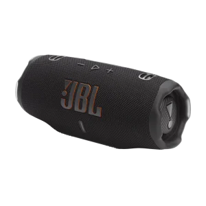 اسپیکر JBL Charge 6 مشکی از زاویه سه‌ربع با لوگوی JBL و رادیاتور جانبی