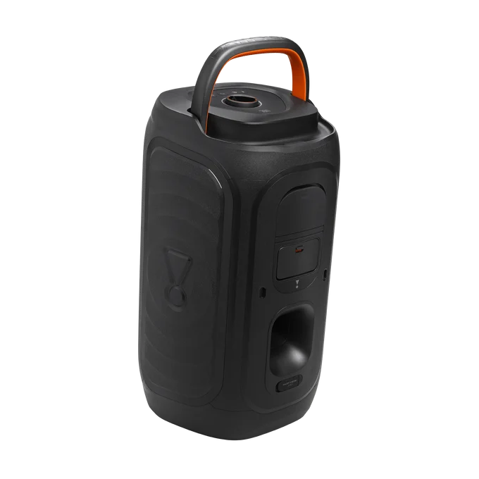 نمای پشت اسپیکر JBL PartyBox 130 مشکی با محفظه اتصالات و طراحی بدنه پشتی