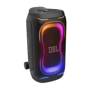 نمای سه‌رخ JBL PartyBox 330 مشکی با نورپردازی نارنجی، صورتی و آبی