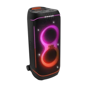 نمای سه‌رخ JBL PartyBox 720 مشکی با نورپردازی RGB صورتی و نارنجی در پنل جلویی