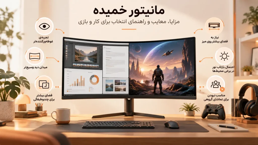 تصویر شاخص مانیتور خمیده؛ مزایا، معایب و راهنمای انتخاب برای کار و بازی
