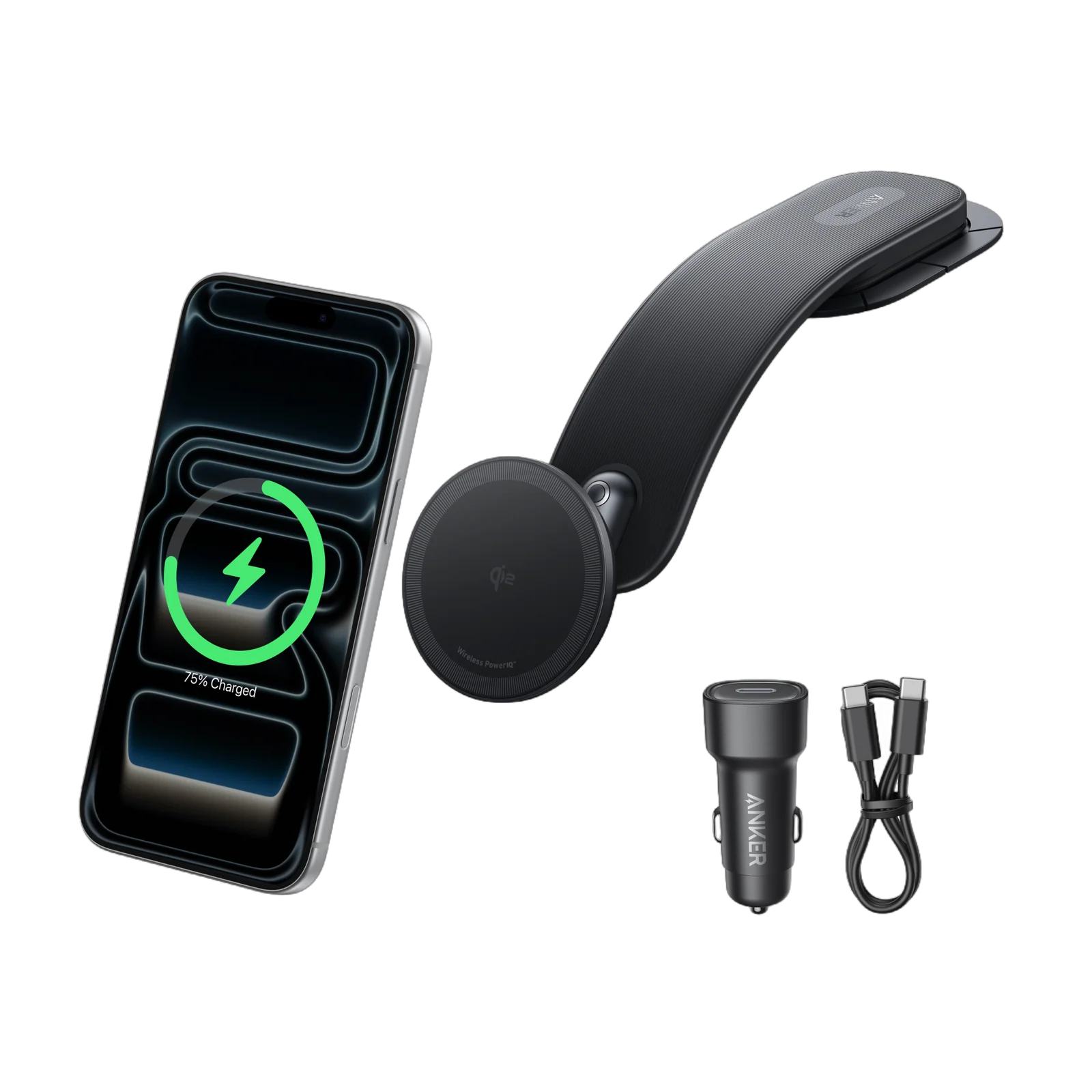 شارژر بی‌سیم خودرو Anker با پایه داشبوردی، شارژر فندکی و کابل USB-C