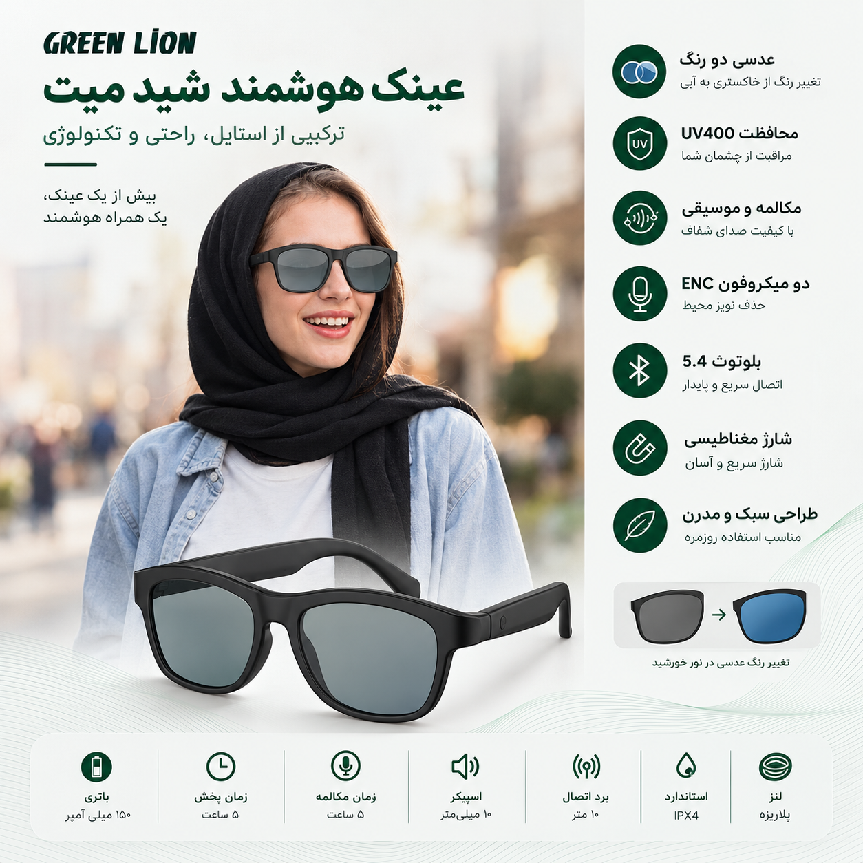 عینک هوشمند Green Lion Shade Mate روی صورت با لنز پلاریزه، UV400 و شارژ مغناطیسی
