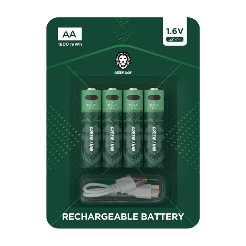 بسته 4 عددی باتری شارژی AA گرین لاین 1.6 ولت 1800mWh با شارژ Type-C