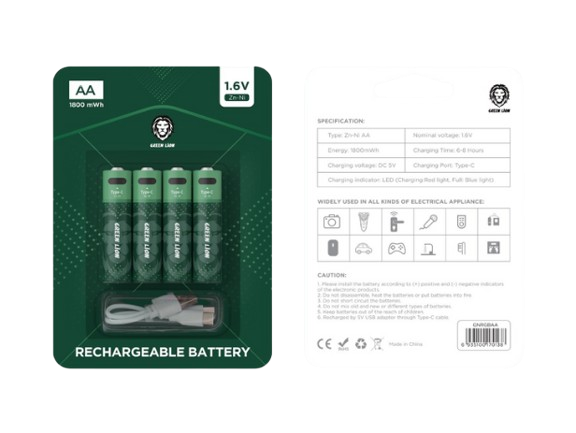 باتری قلمی شارژی گرین لاین AA مدل GNRGBAA بسته 4 عددی 1.6V 1800mWh با کابل Type-C