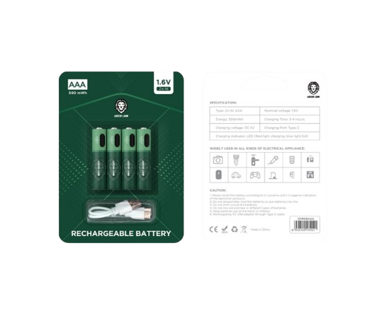 باتری شارژی AAA گرین لاین 1.6 ولت مدل GNRGBAAA بسته 4 عددی با کابل شارژ Type-C
