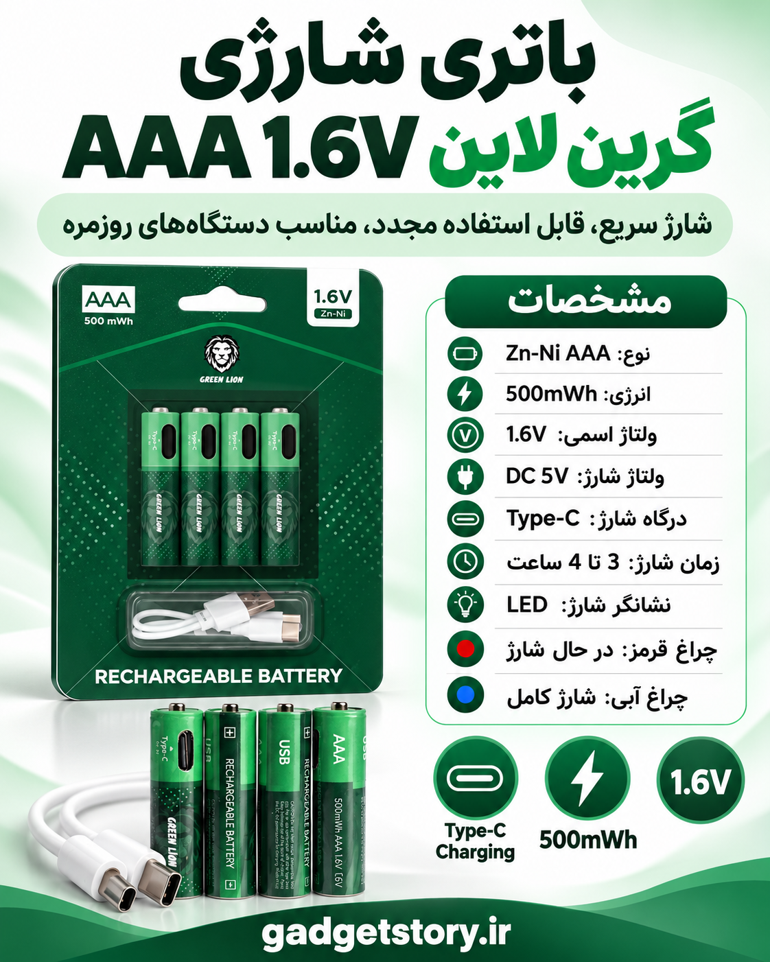 اینفوگرافیک باتری شارژی AAA گرین لاین 1.6 ولت 500mWh با شارژ Type-C