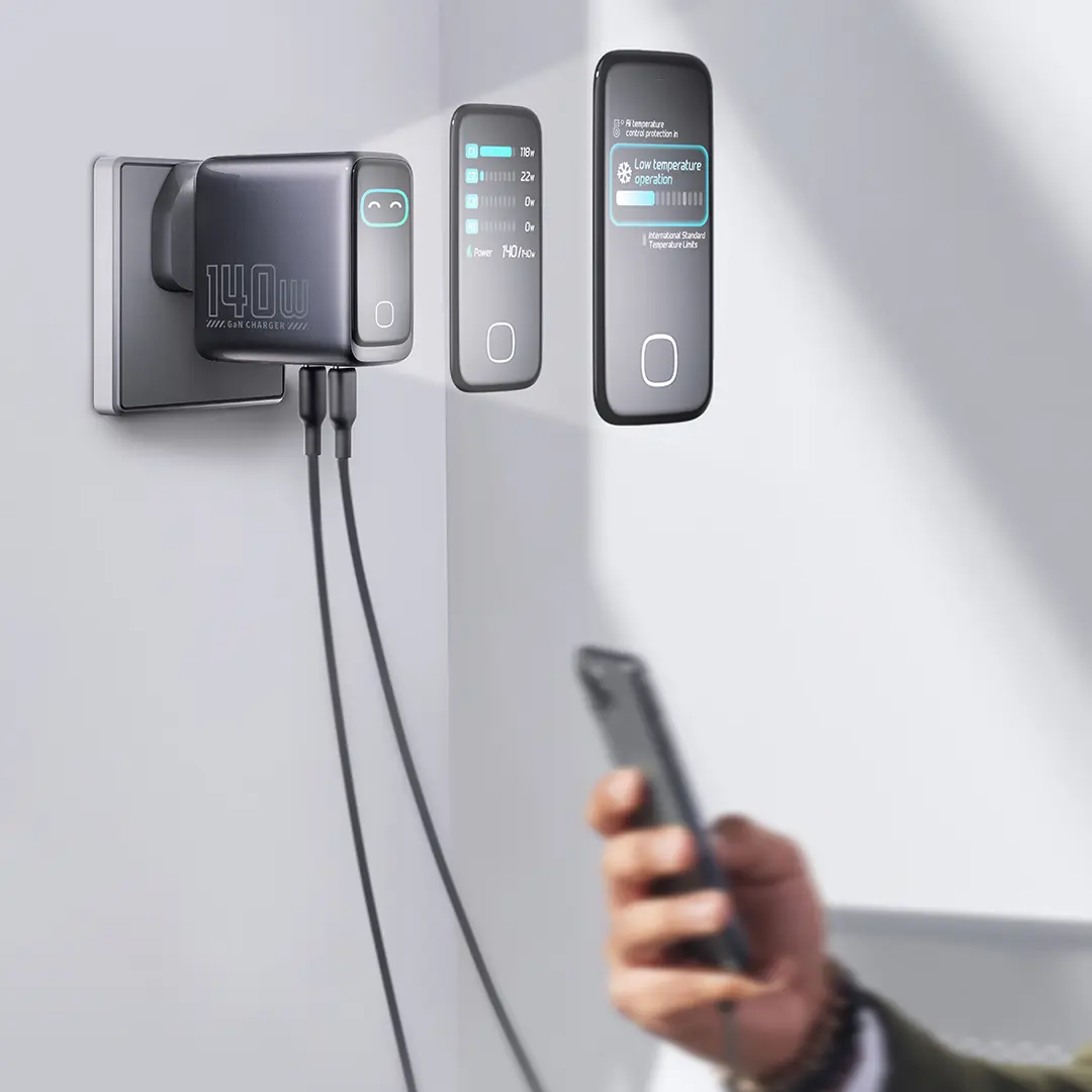 شارژر پاورولوژی Voltflow 140W متصل به پریز با نمایش اطلاعات توان و دما روی نمایشگر