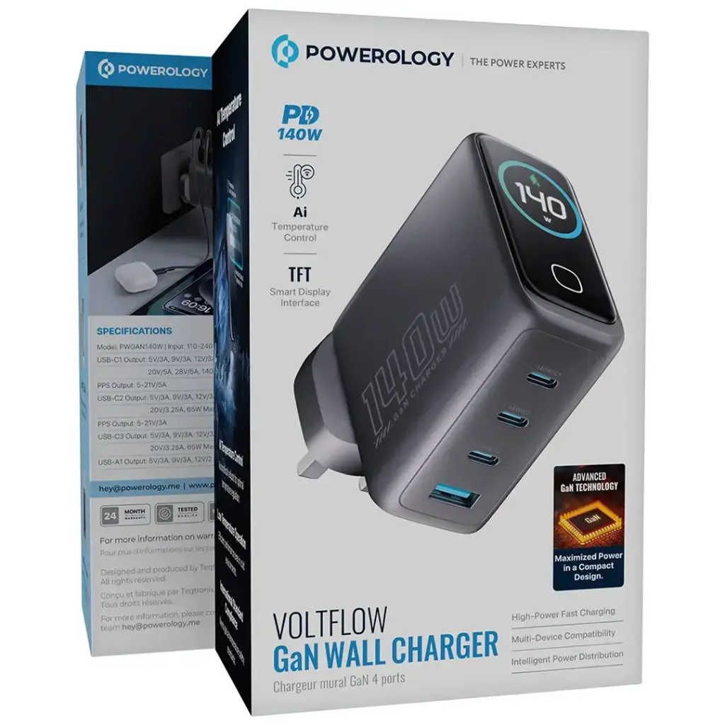 بسته‌بندی شارژر دیواری پاورولوژی Voltflow GaN 140W با نمایشگر TFT
